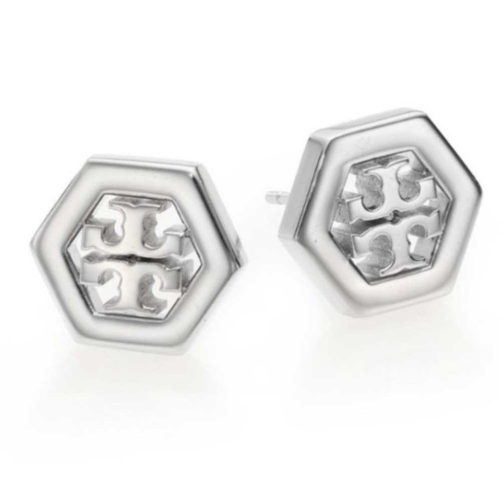 Tory Burch Silver Small Hex-logo Studs Earrings
